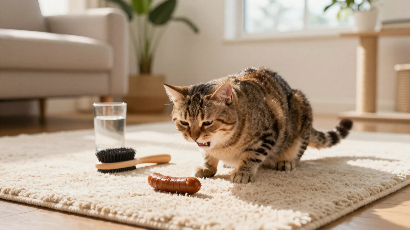 Tabby cat snarling at a sausage on a cream rug in a bright living room with a brush and glass of water nearby.
