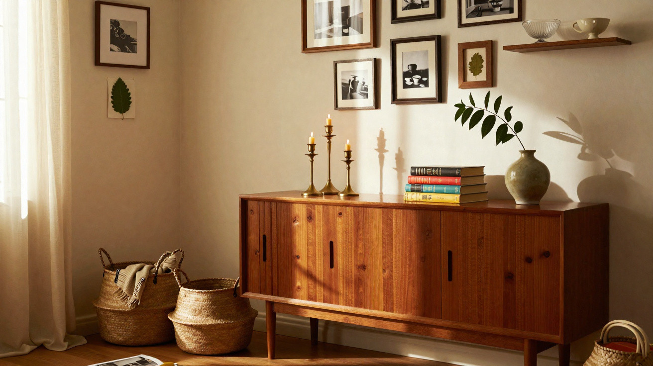 Wooden sideboard with brass candles, books, and vase, framed pictures on wall, wicker baskets, soft natural light.
