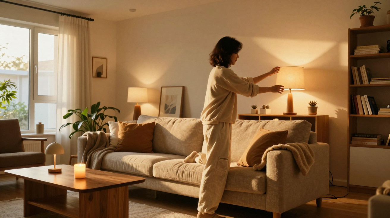 Person turning on a table lamp in a cosy living room with a beige sofa and warm lighting.
