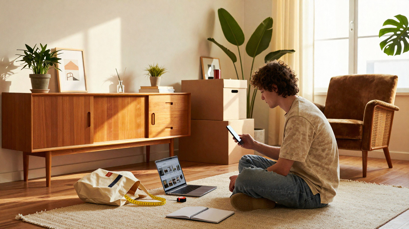 Young man sitting on a carpeted floor using a smartphone and laptop in a sunlit, tidy living room with plants.