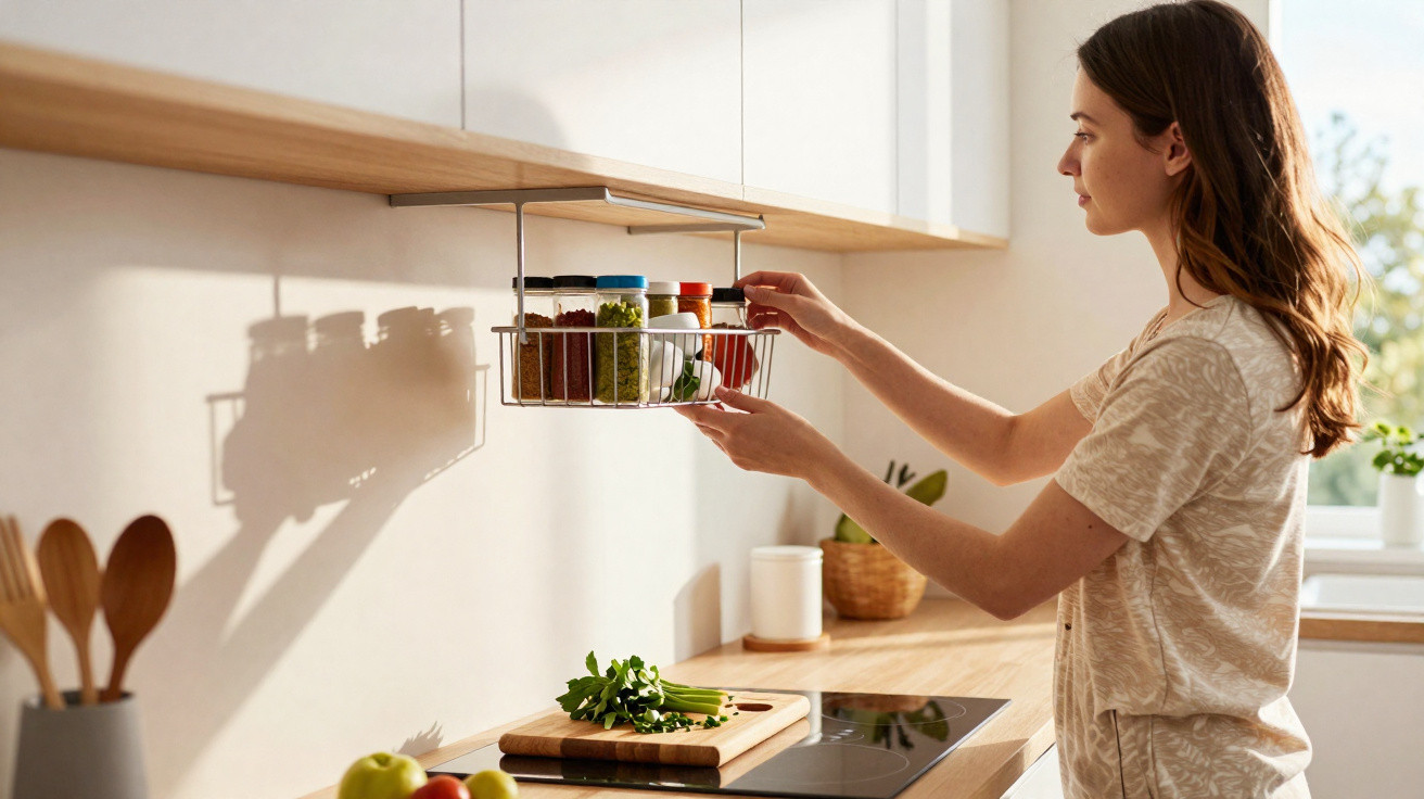 Woman in casual clothes organising spice jars in a hanging kitchen rack in a bright kitchen.