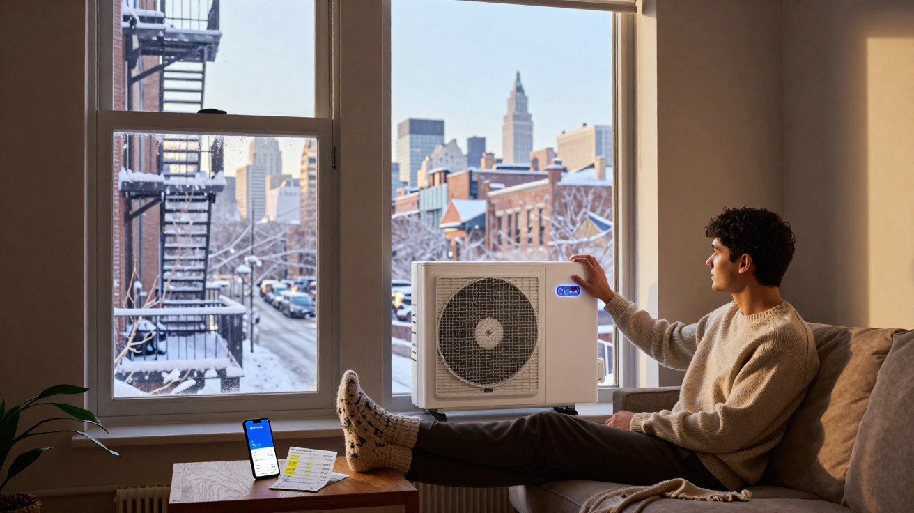 Person sitting on sofa next to air purifier, with snowy cityscape visible through large window behind them.