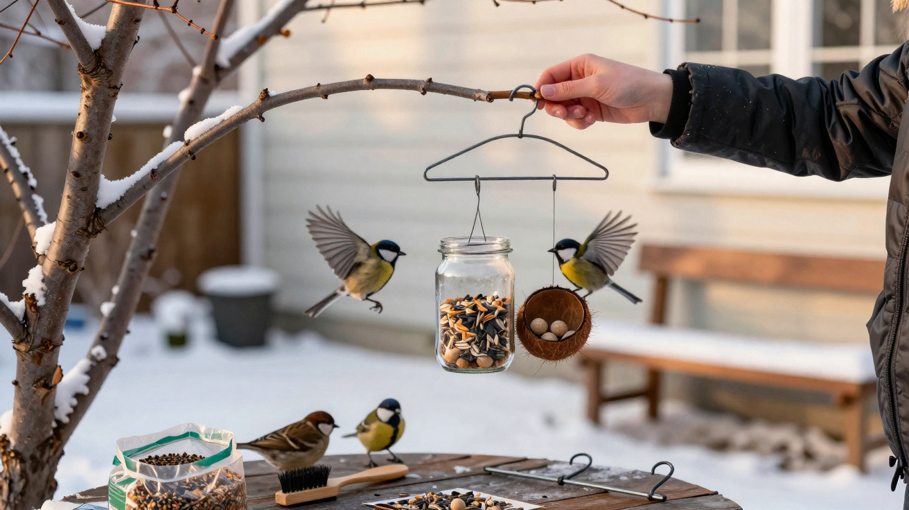 Hand holding bird feeder with birds flying and perched near seeds on a snowy tree branch and table.