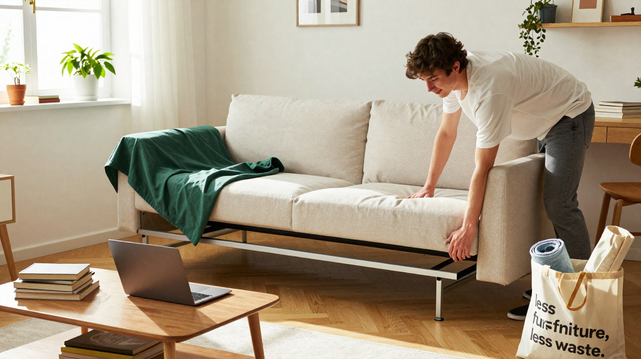 Young man pulling out a sofa bed in a bright living room with wooden furniture and a laptop on the table.