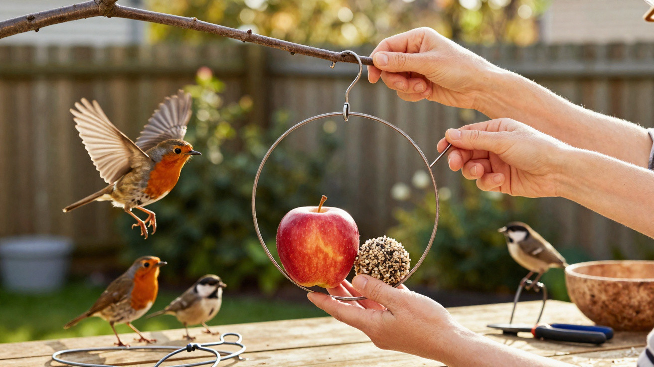 Hands holding a metal ring feeder with an apple and seed ball, attracting robins and chickadees in a garden.