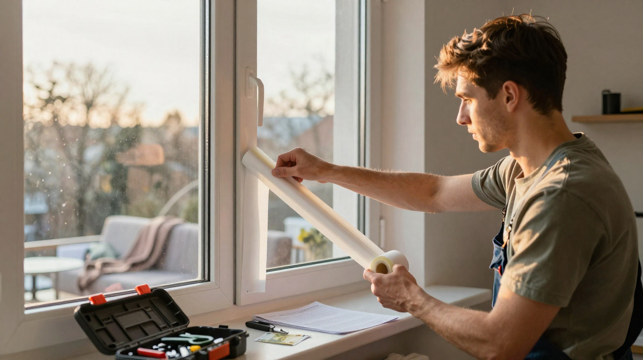 Young man applying window film to a large glass window in a bright room at sunset.