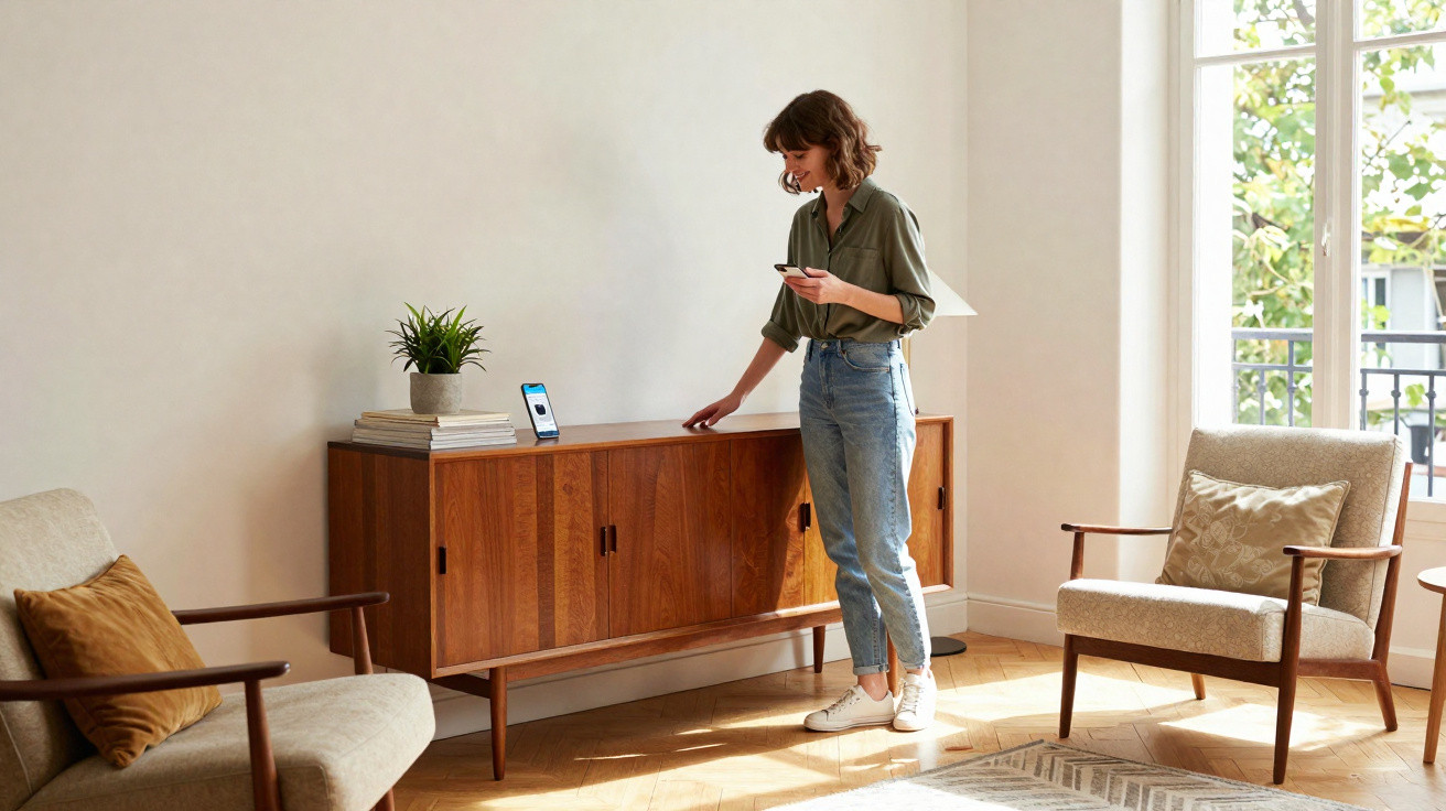 Woman standing in a sunlit living room next to a wooden sideboard, holding a smartphone and looking at a device.